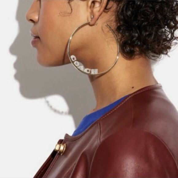 NWT Coach Signature Gold Big 3”Gold Polished Shinny Round Hoop Monogram Earrings - Picture 11 of 12